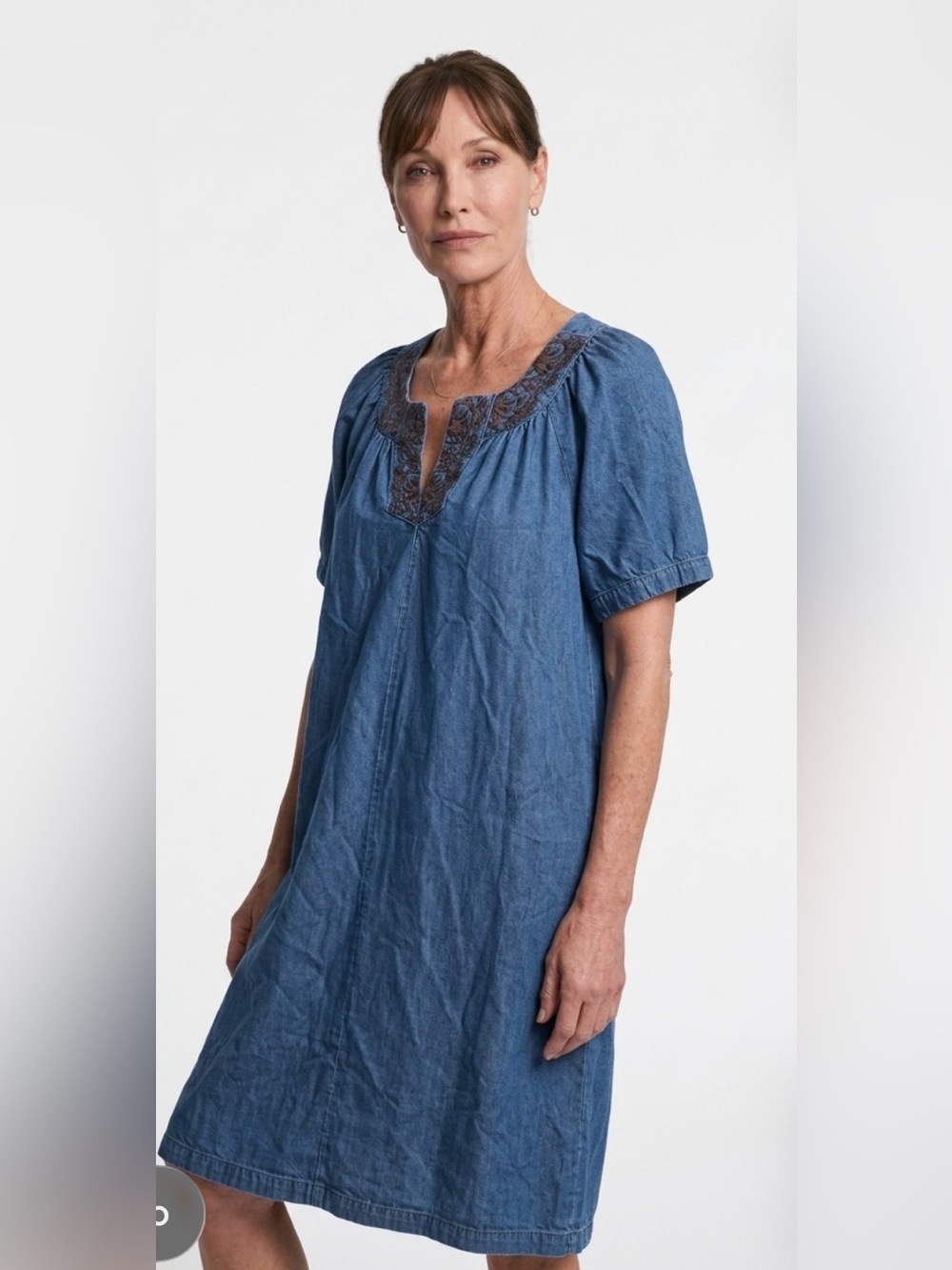 Vintage Go Softly Patio Light Denim Embroidered House Dress Sz L